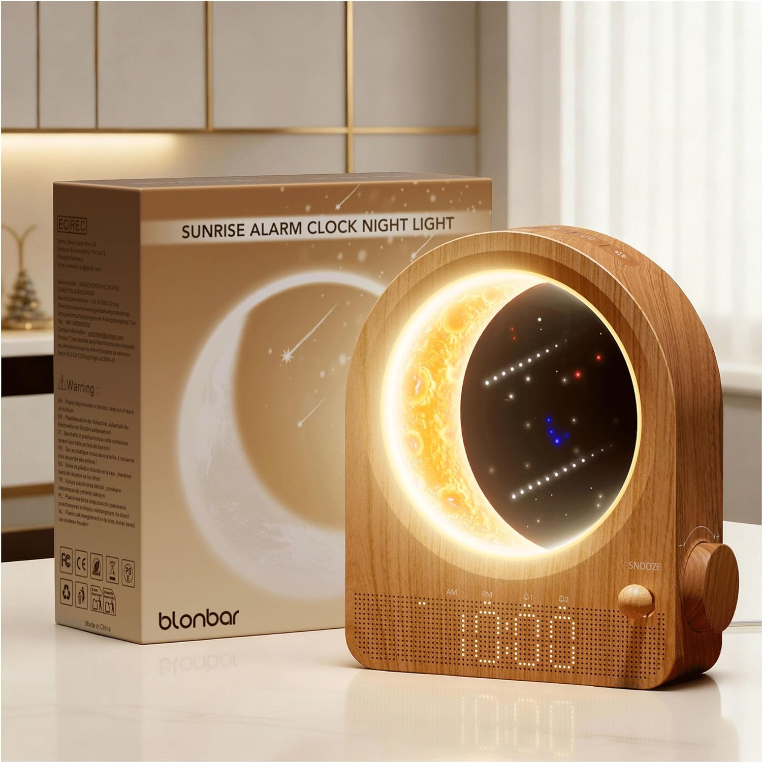 Nuovivo Sunrise Alarm and Moon Lamp on a bedside table